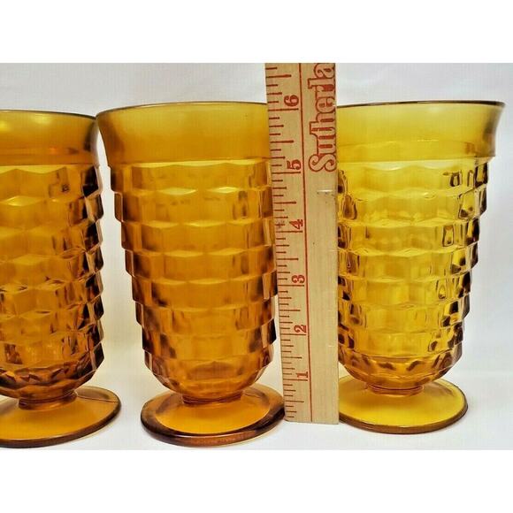 Set 4 Indiana Glass Whitehall Colony Cubist Cube Amber Harvest Gold Glasses Cups - Picture 2 of 4